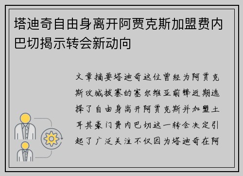塔迪奇自由身离开阿贾克斯加盟费内巴切揭示转会新动向 塔迪奇自由身离开阿贾克斯加盟费内巴切揭示转会新动向